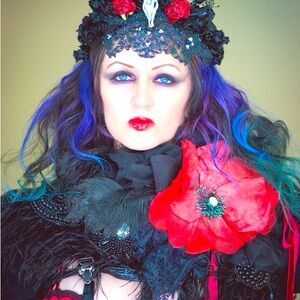 VINTAGE Handmade Runway SILK ORGANDY RED POPPY Feathers PIN HUGE 1940'S WOW!